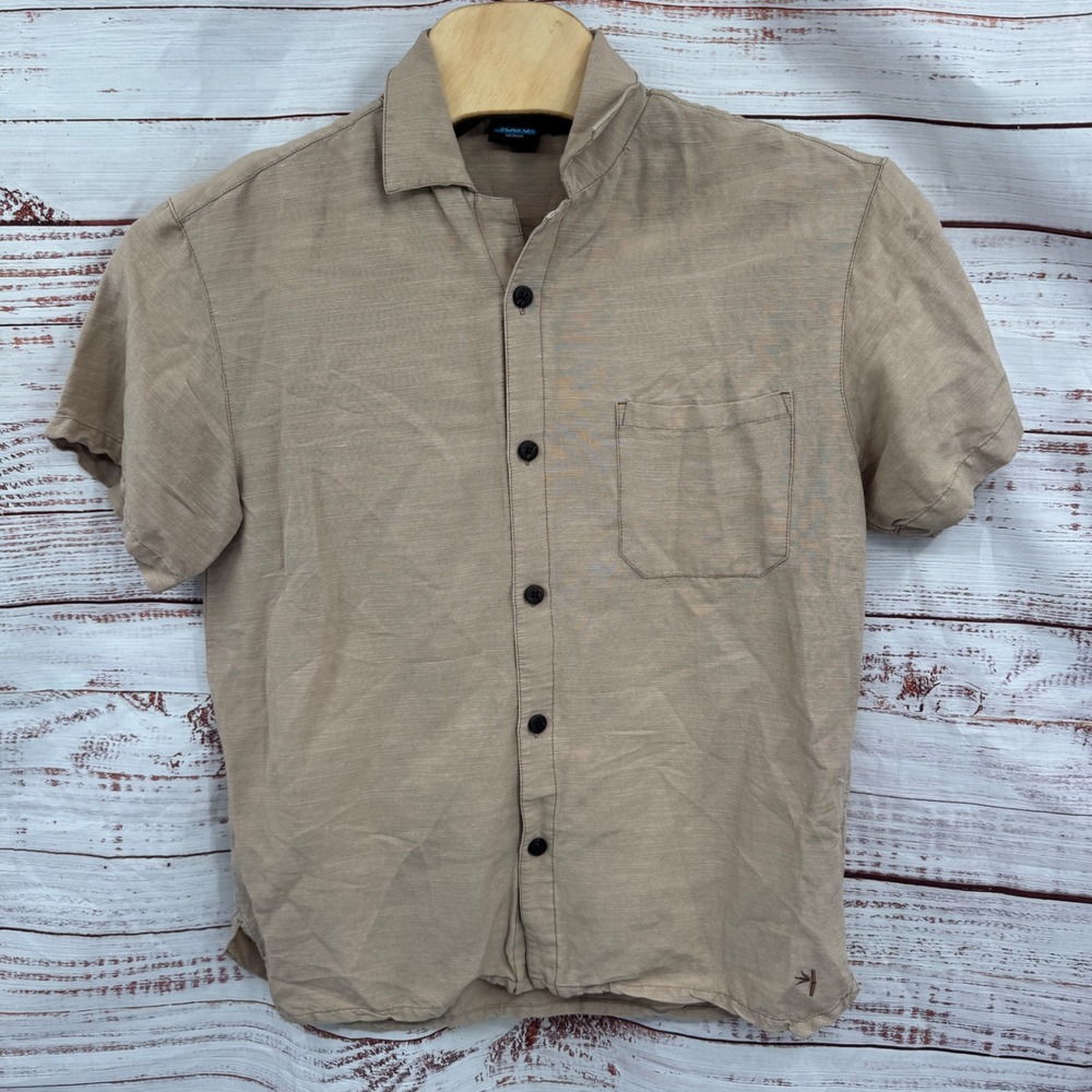 KAVU Shirt Mens Medium Beige Casual Button Up Short Sleeve Bamboo